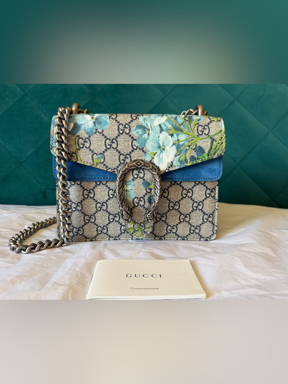 Gucci Floral GG Supreme Shoulder Bag in Blue and Beige with Silver Hardware